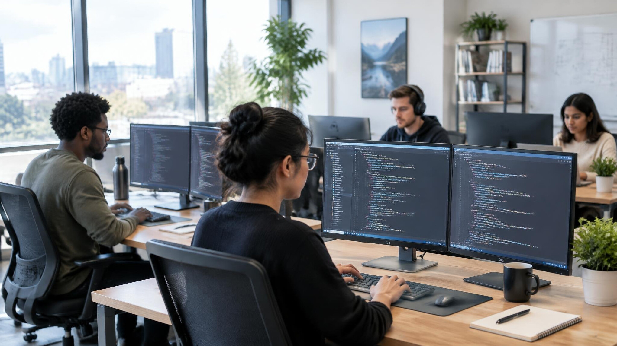 Modern open office with developers working at desks with monitors